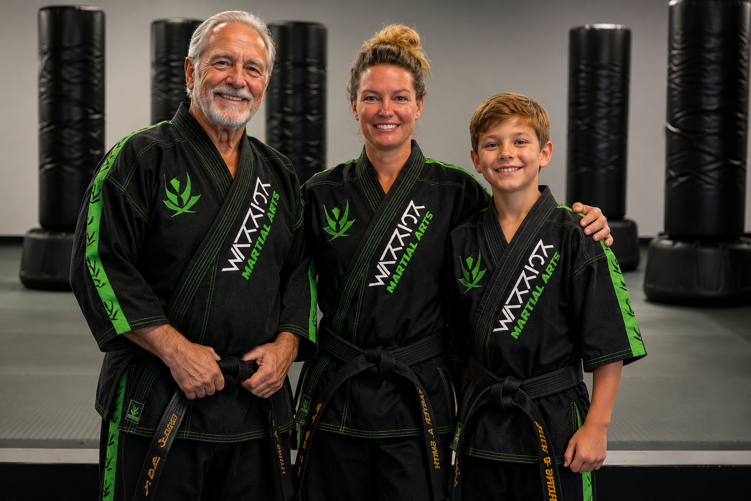 Karate America Ponte Vedra instructor tying a belt on a student — earned, not given