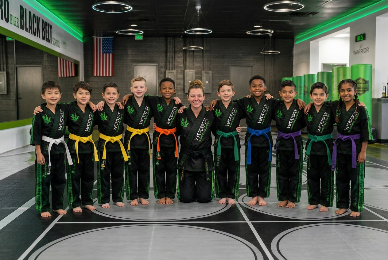 Junior karate student in white gi throwing a sharp kick at Karate America Ponte Vedra